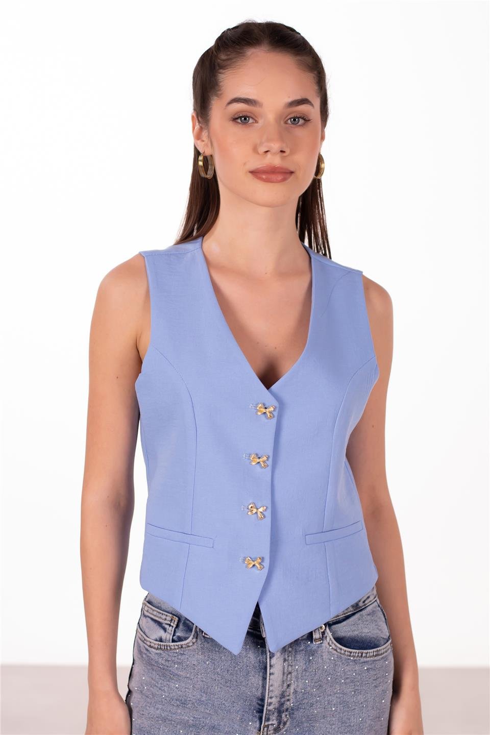 Gold düğmeli keten yelek-2402 Bebe Mavi