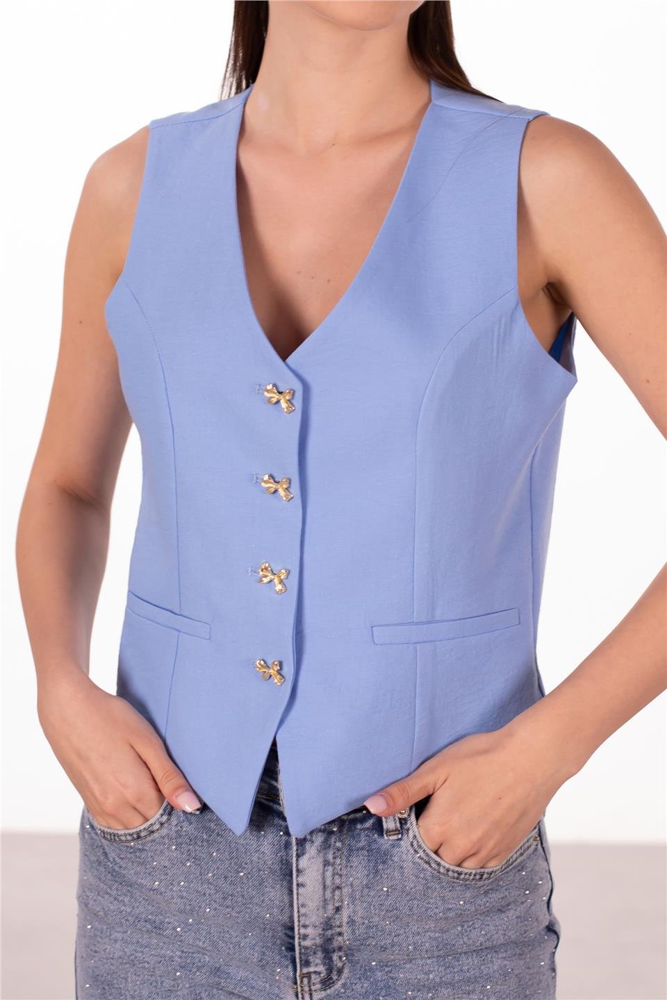 Gold düğmeli keten yelek-2402 Bebe Mavi