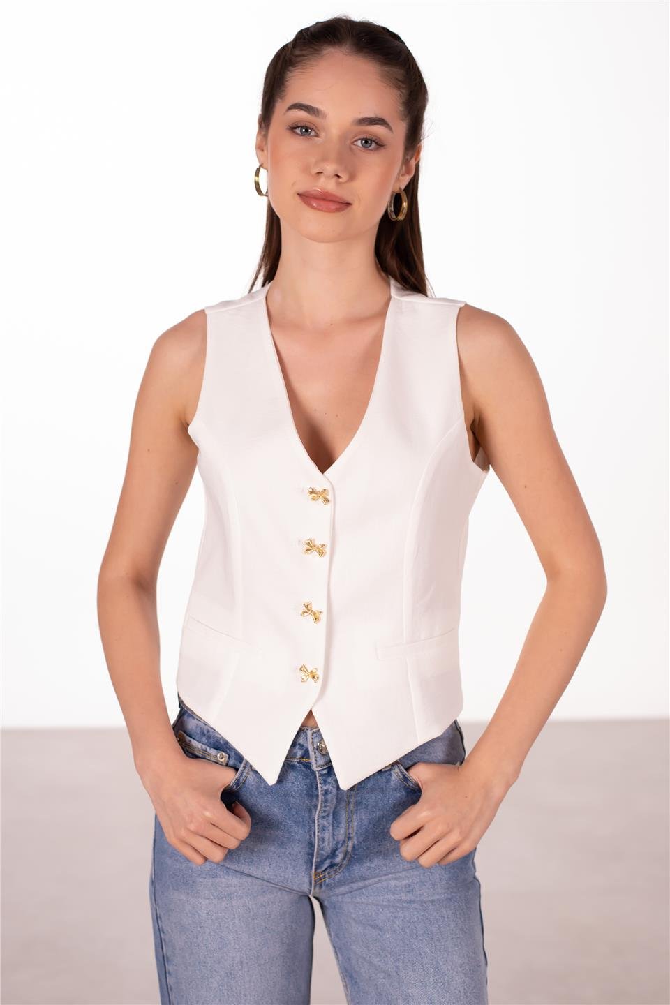 Gold düğmeli keten yelek-2402 Beyaz