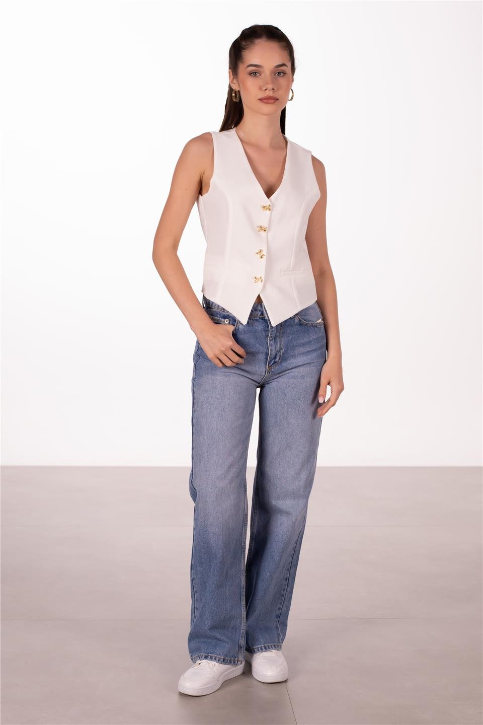 Gold düğmeli keten yelek-2402 Beyaz