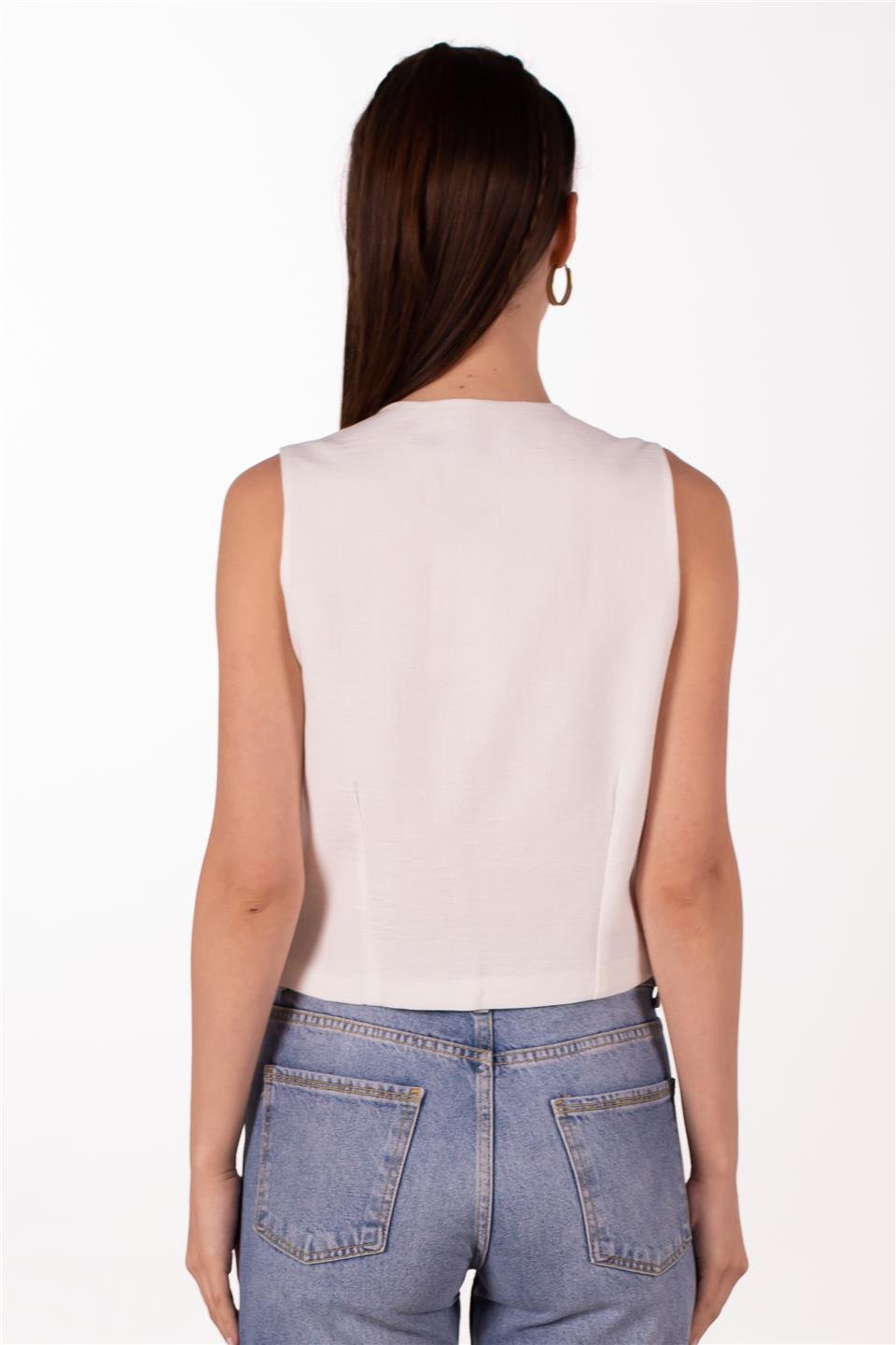 Gold düğmeli keten yelek-2402 Beyaz