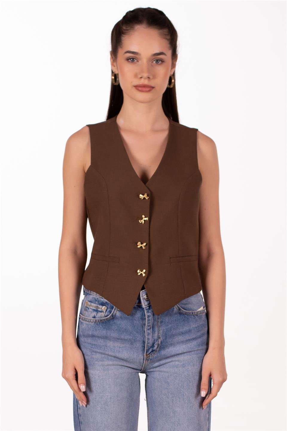 Gold düğmeli keten yelek-2402 Kahve