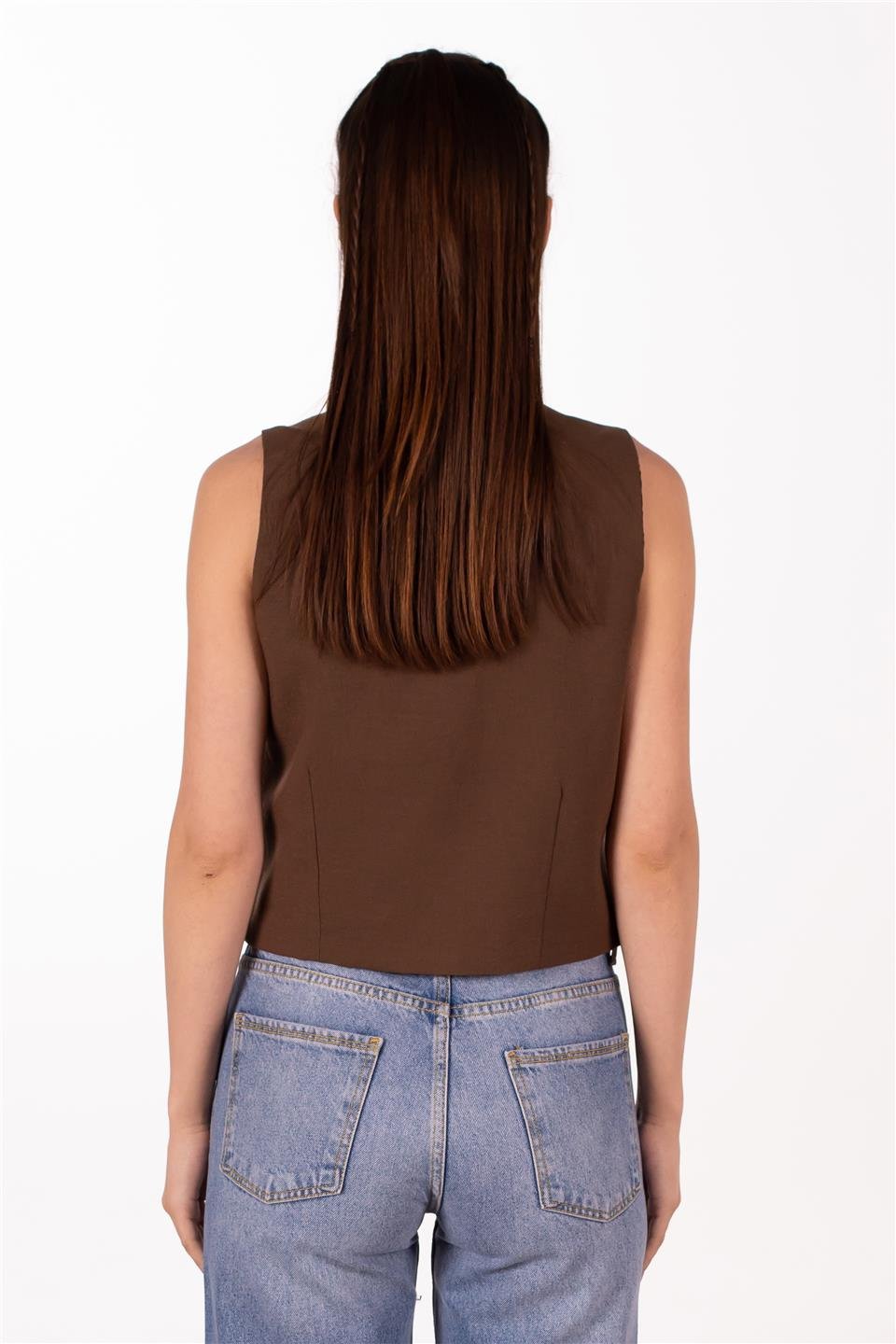 Gold düğmeli keten yelek-2402 Kahve