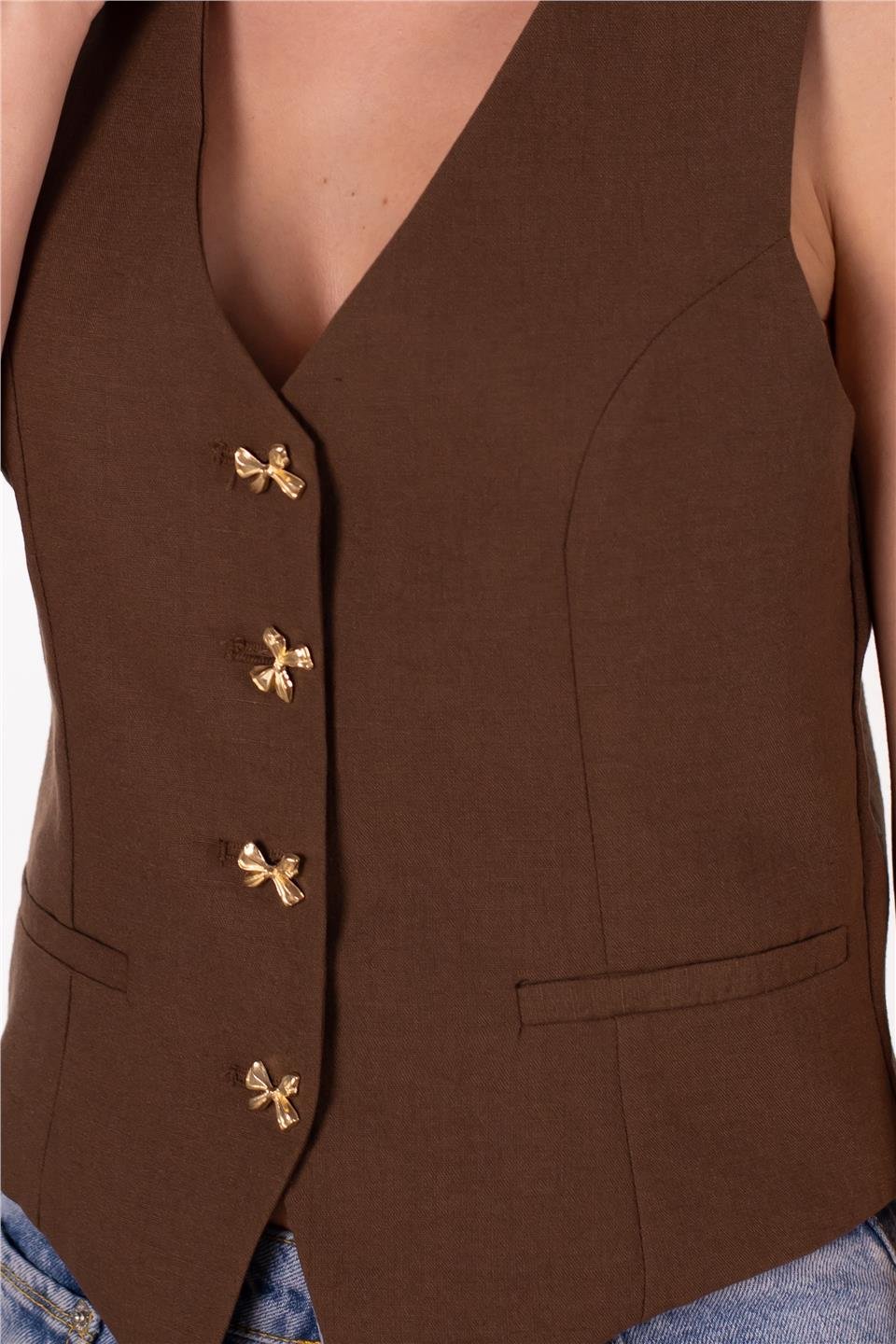 Gold düğmeli keten yelek-2402 Kahve
