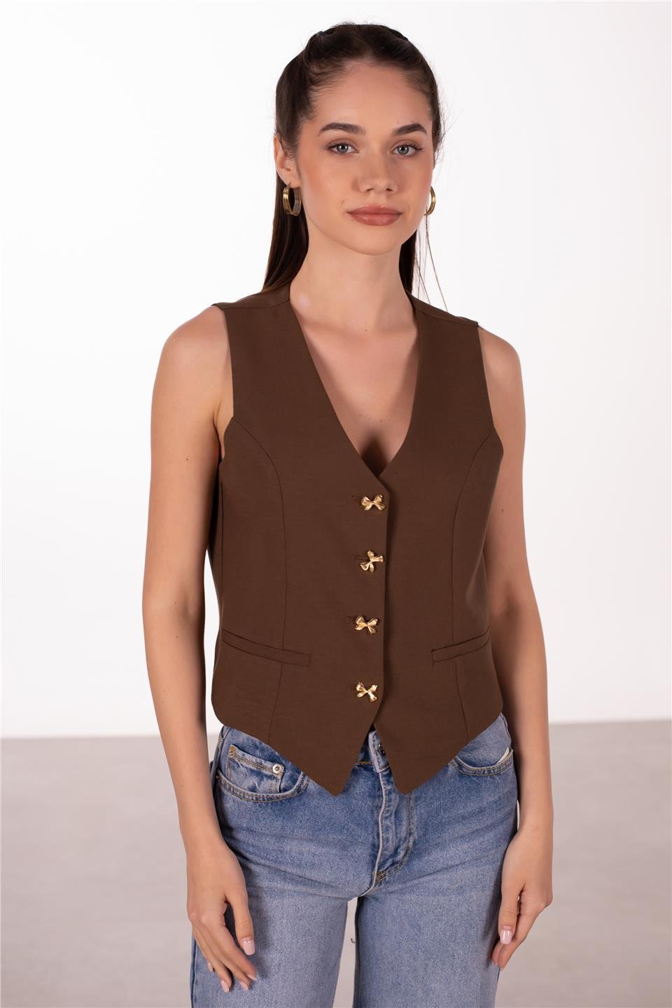Gold düğmeli keten yelek-2402 Kahve