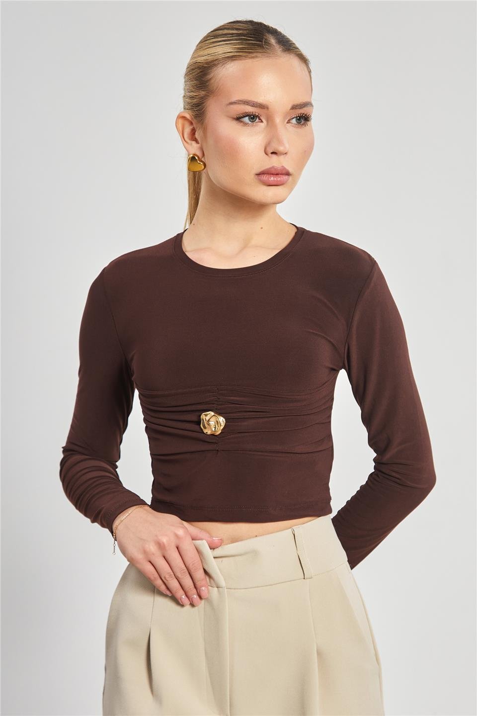 Gold düğmeli sandy bluz-13805 Kahve