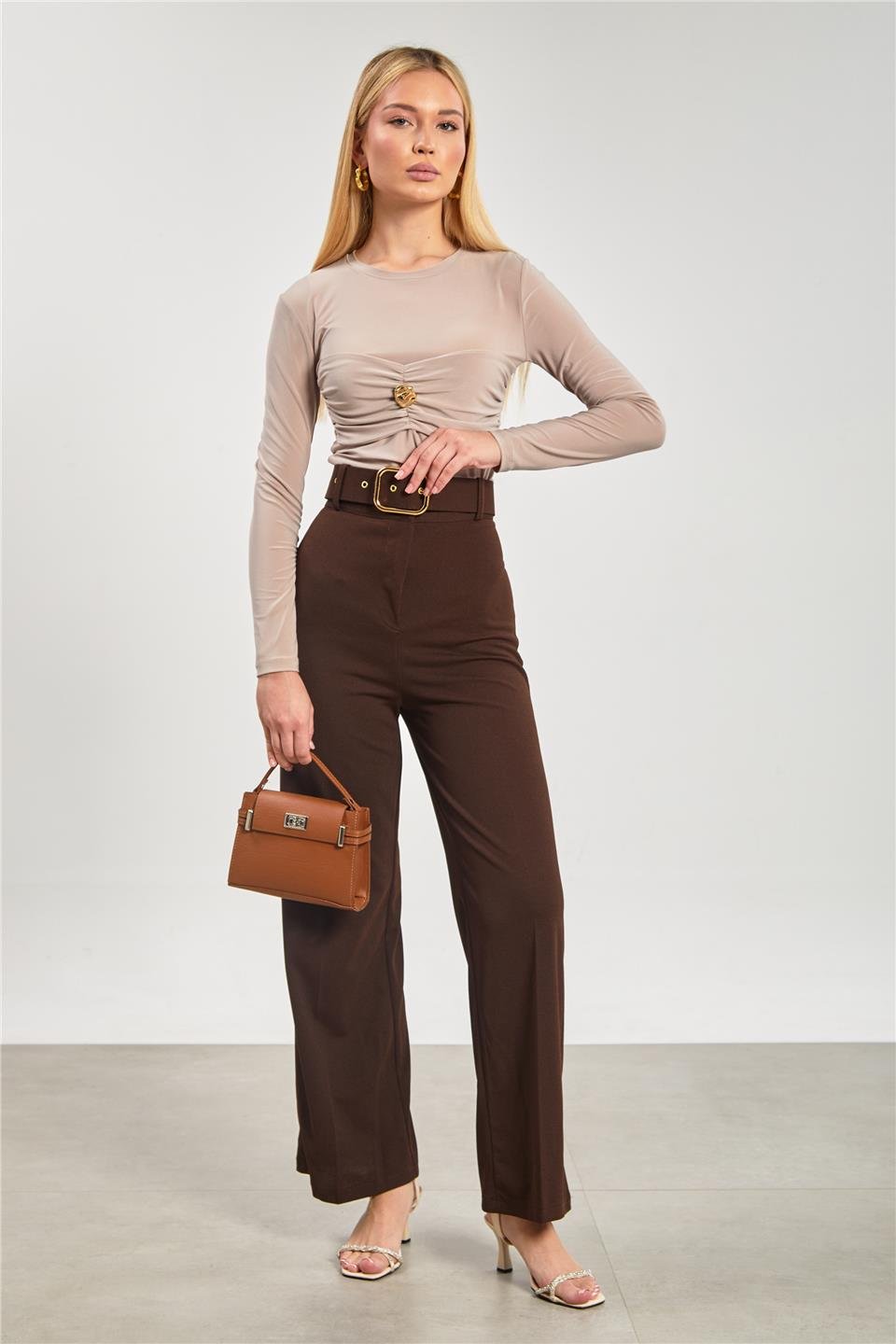 Gold düğmeli sandy bluz-13805 Vizon