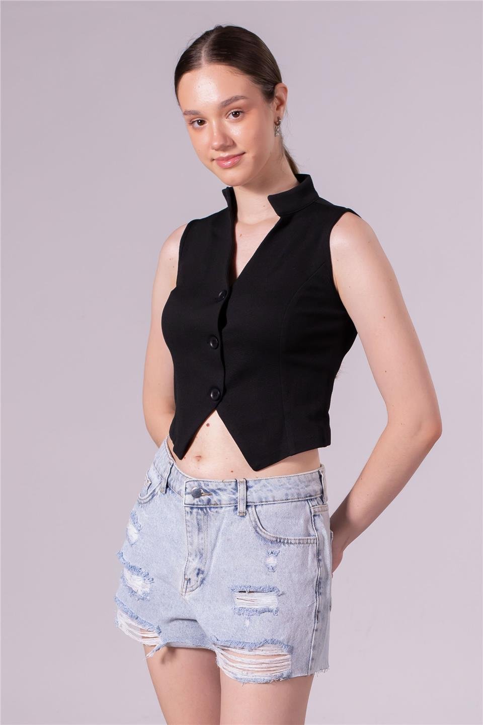 Hakim yaka düğmeli yelek-3107 Siyah