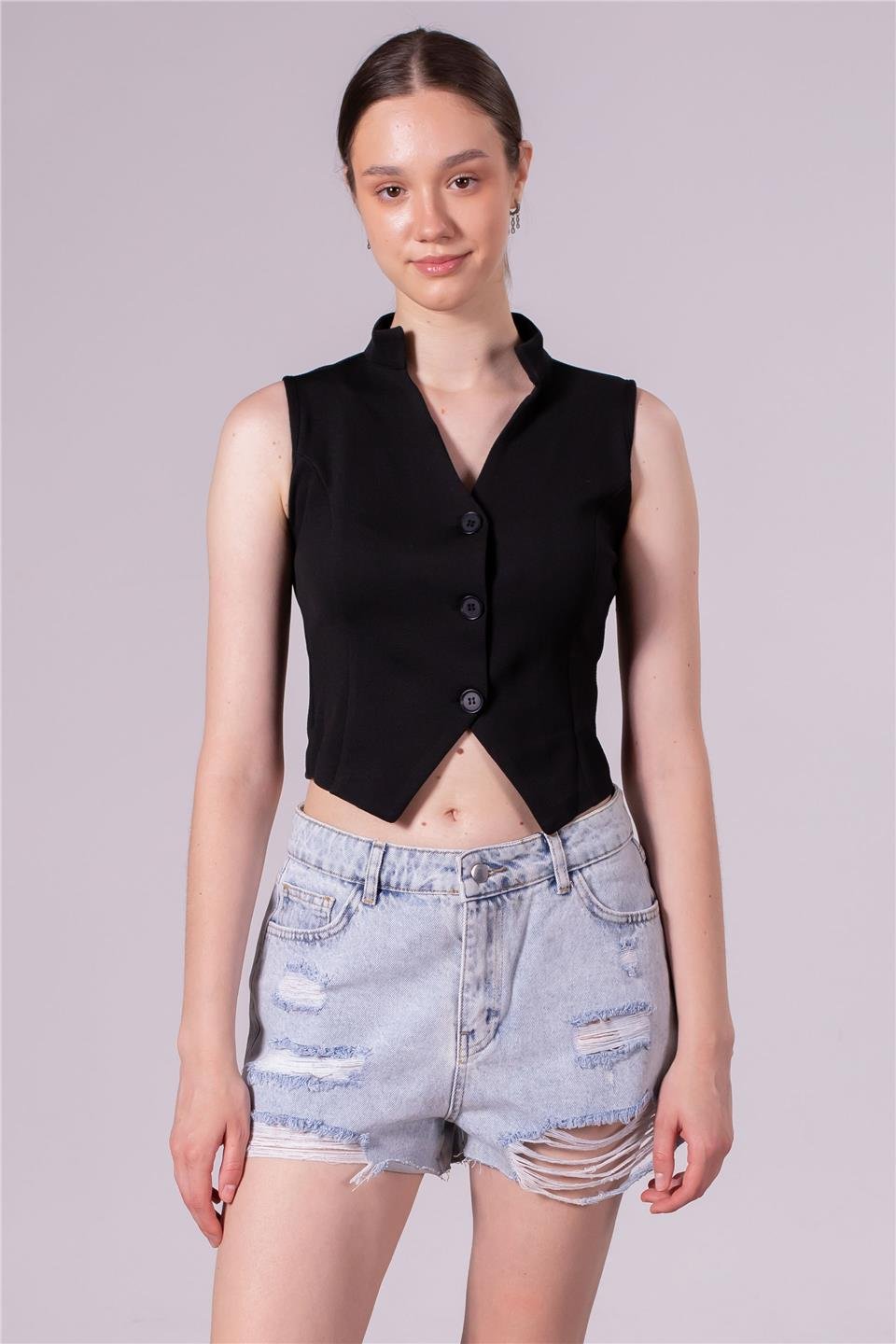 Hakim yaka düğmeli yelek-3107 Siyah