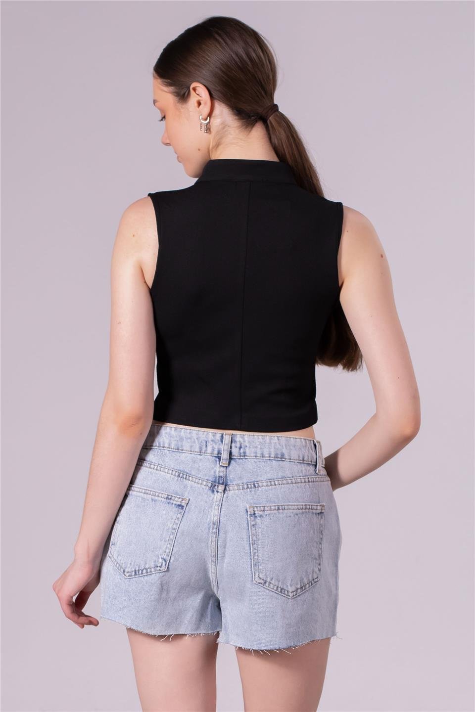 Hakim yaka düğmeli yelek-3107 Siyah