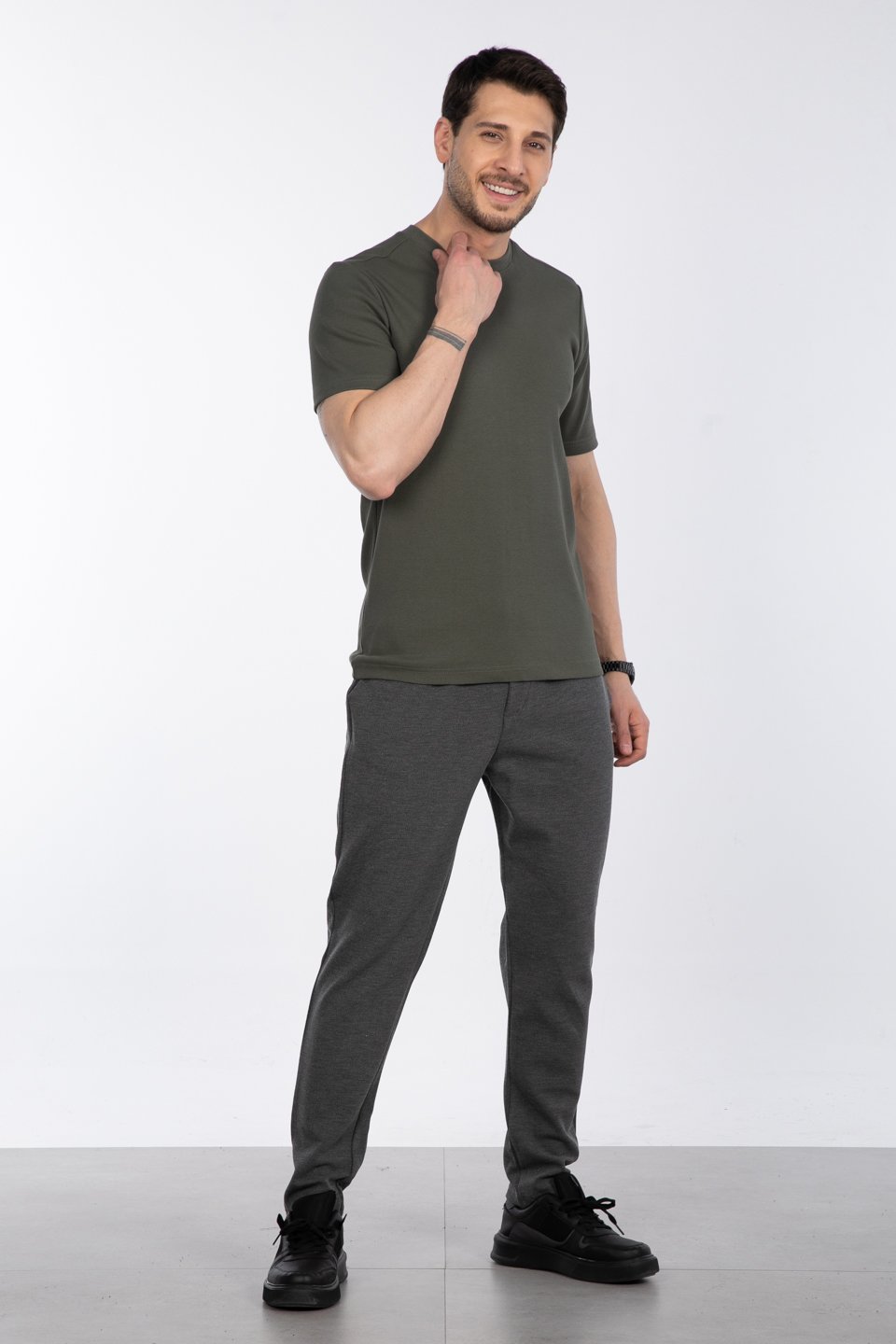 İnce fitilli basıc t-shirt-2936 Haki