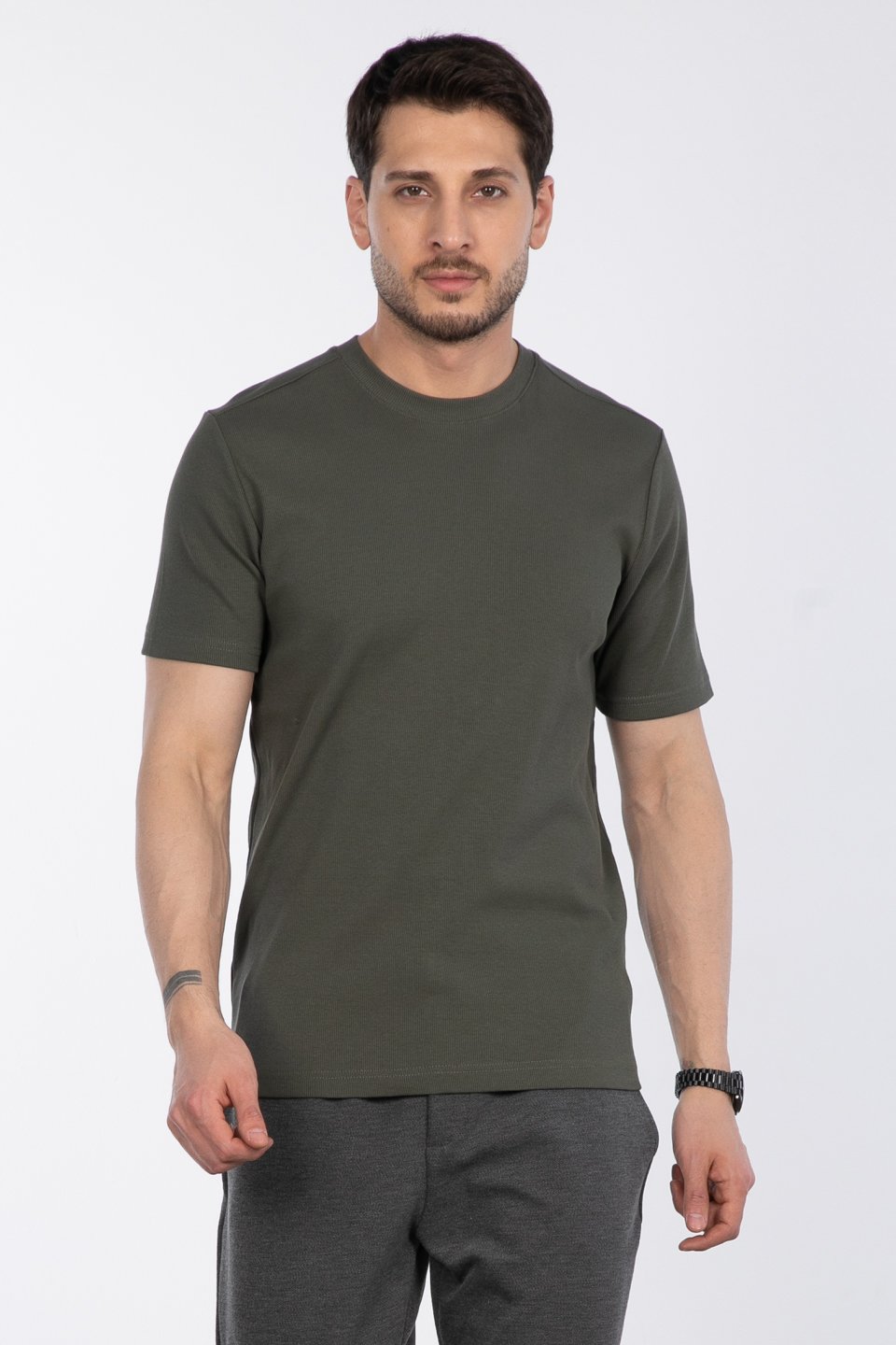 İnce fitilli basıc t-shirt-2936 Haki