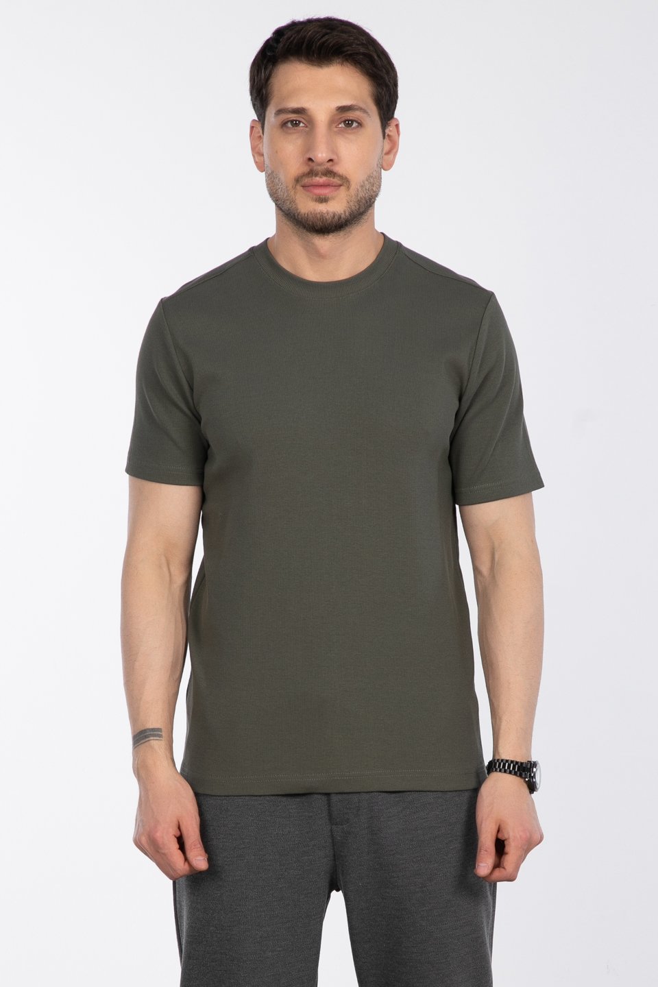 İnce fitilli basıc t-shirt-2936 Haki
