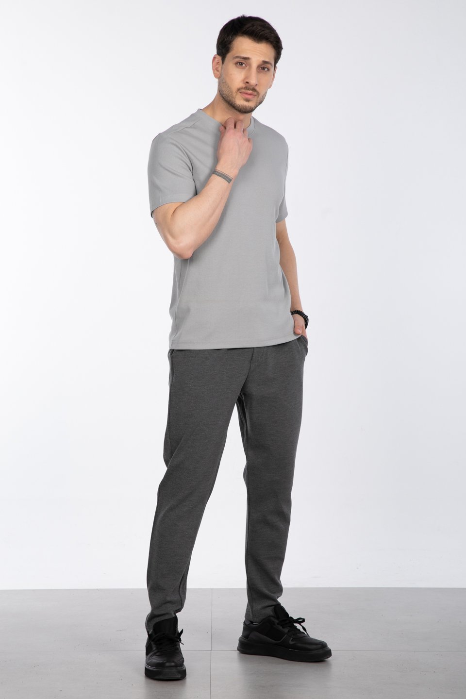 İnce fitilli basıc t-shirt-2936 Kül