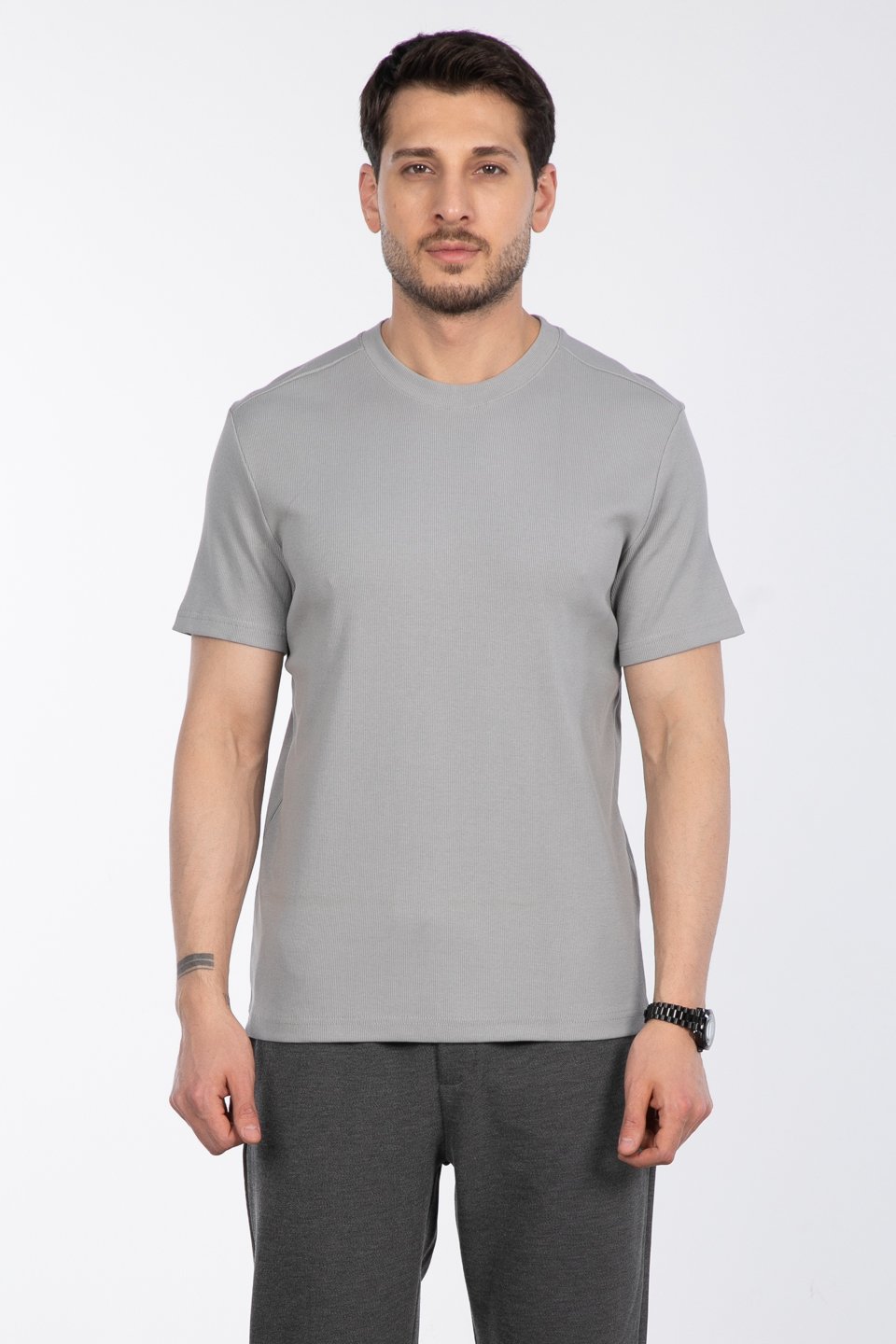 İnce fitilli basıc t-shirt-2936 Kül