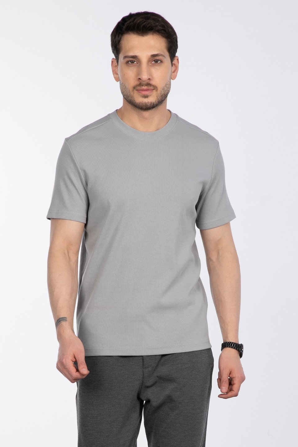 İnce fitilli basıc t-shirt-2936 Kül