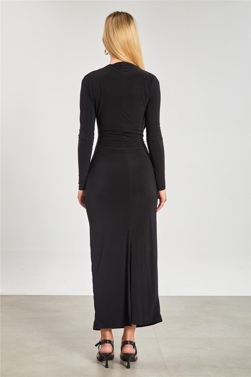 Kadın Arkası Yırtmaçlı Drapeli Elbise - Siyah