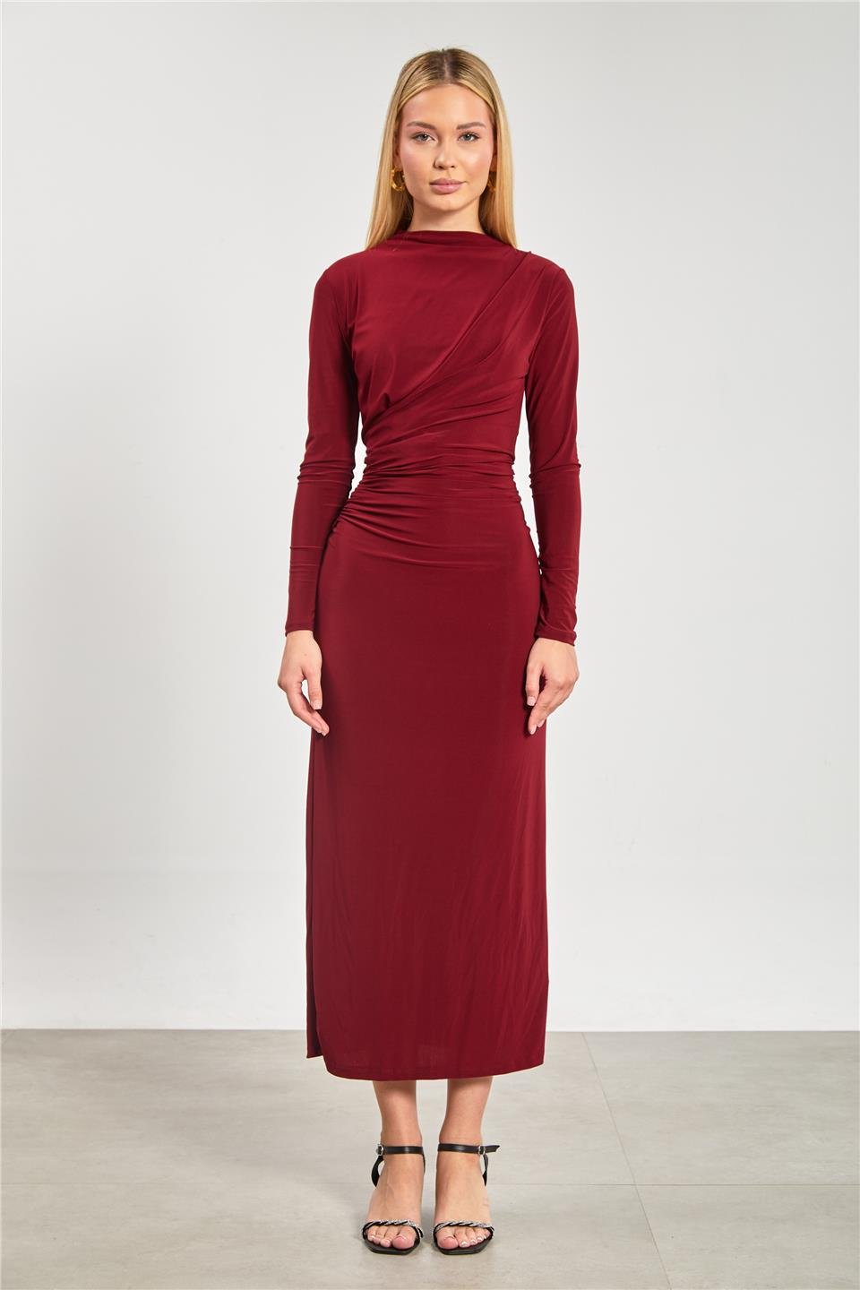 Kadın Arkası Yırtmaçlı Drapeli Elbise - Bordo