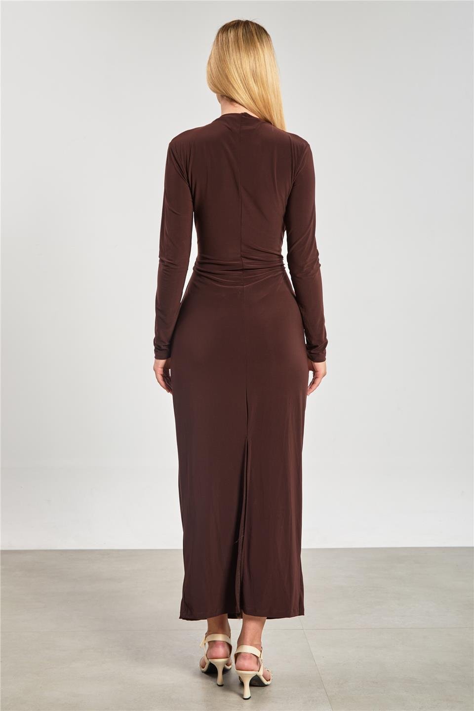 Kadın Arkası Yırtmaçlı Drapeli Elbise - Kahve