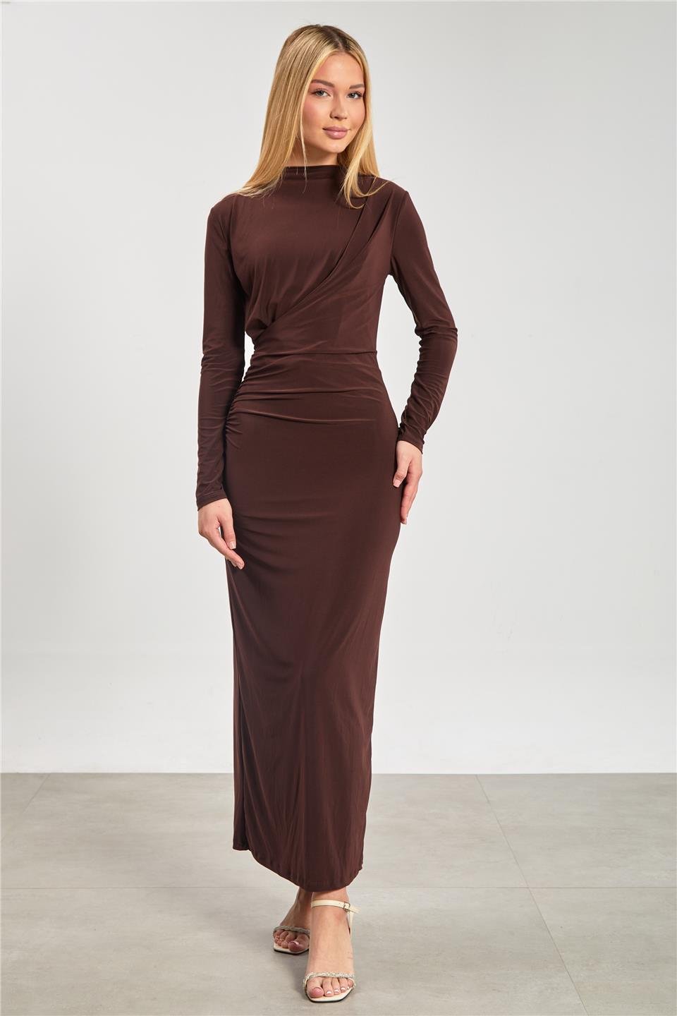 Kadın Arkası Yırtmaçlı Drapeli Elbise - Kahve