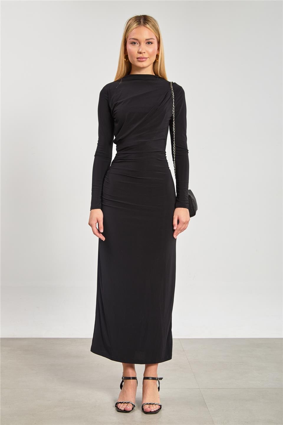Kadın Arkası Yırtmaçlı Drapeli Elbise - Siyah