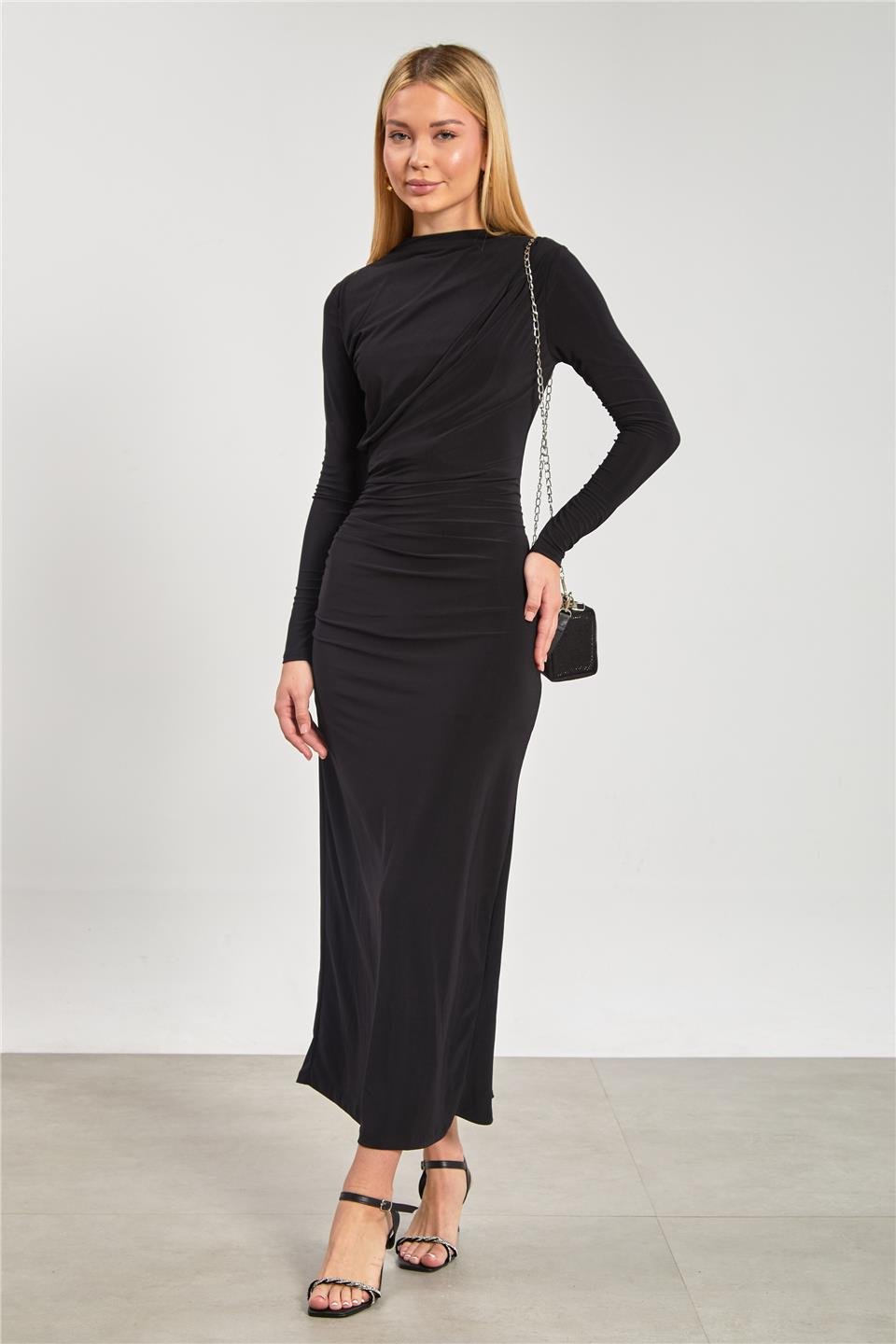 Kadın Arkası Yırtmaçlı Drapeli Elbise - Siyah