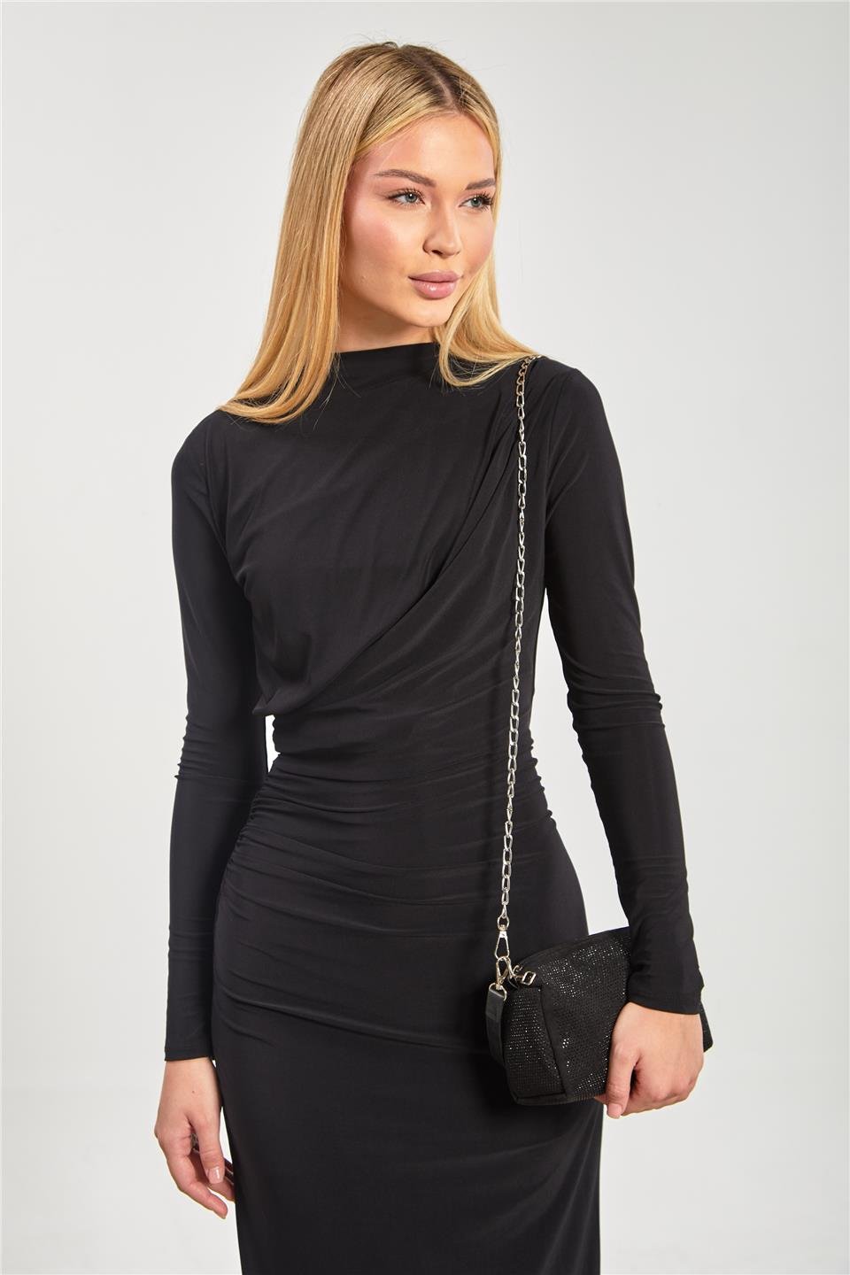 Kadın Arkası Yırtmaçlı Drapeli Elbise - Siyah