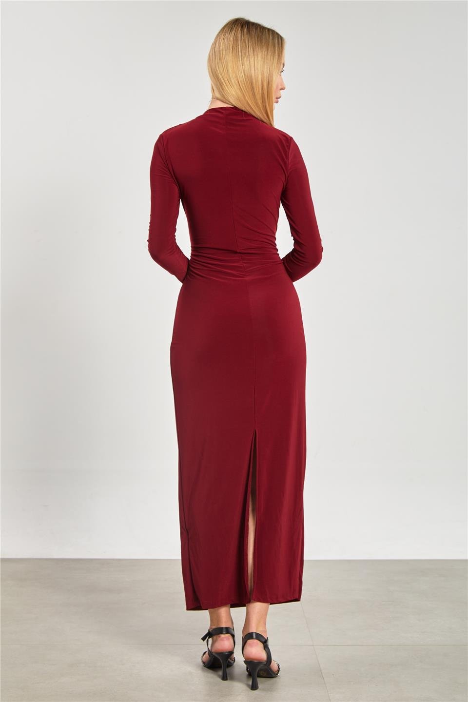 Kadın Arkası Yırtmaçlı Drapeli Elbise - Bordo