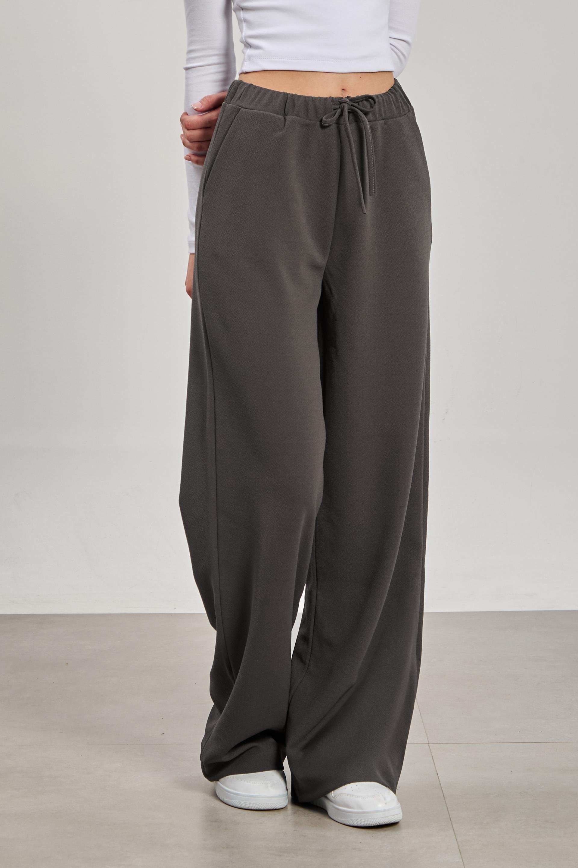 Kadın Beli İpli Bol Paça Pantolon - Antrasit 