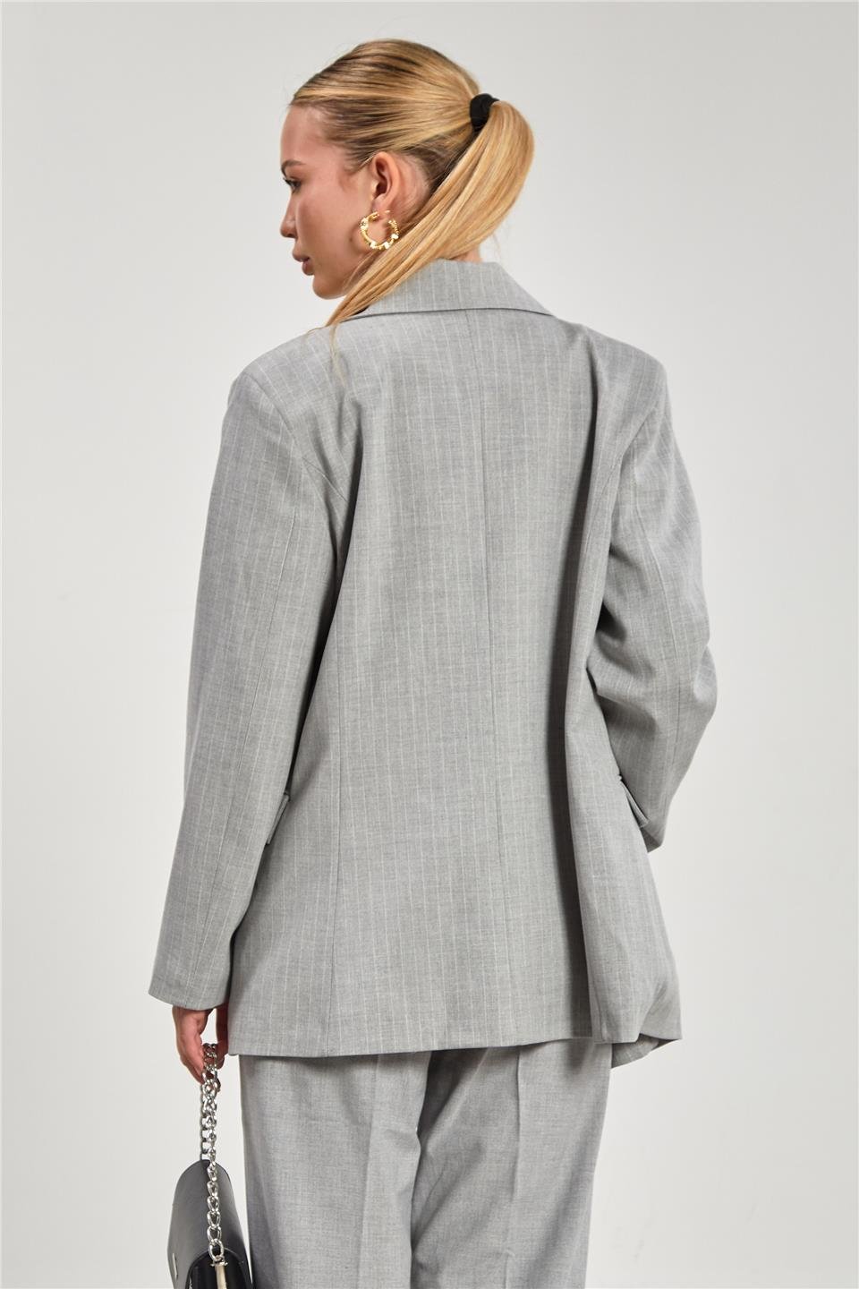 Kadın Cep Kapaklı Çizgili Blazer Ceket - Açık Gri