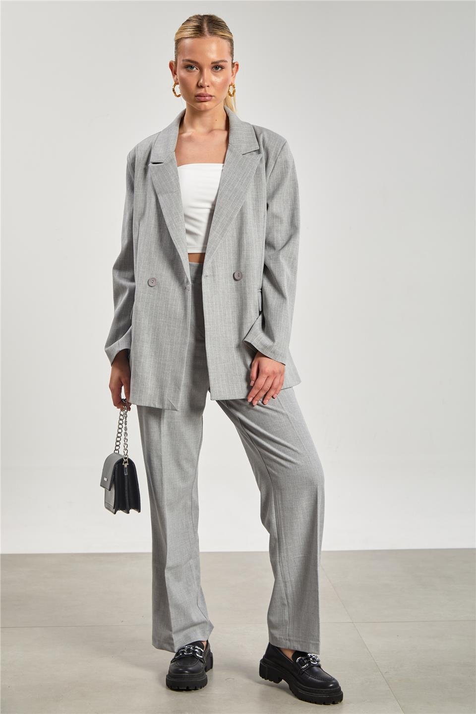 Kadın Cep Kapaklı Çizgili Blazer Ceket - Açık Gri
