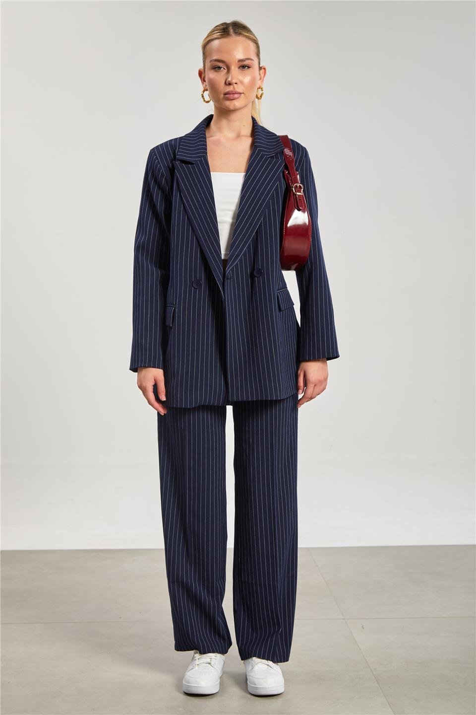 Kadın Cep Kapaklı Çizgili Blazer Ceket - Lacivert