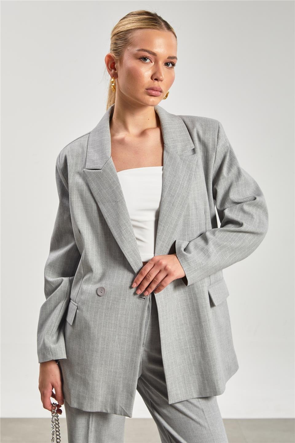 Kadın Cep Kapaklı Çizgili Blazer Ceket - Açık Gri