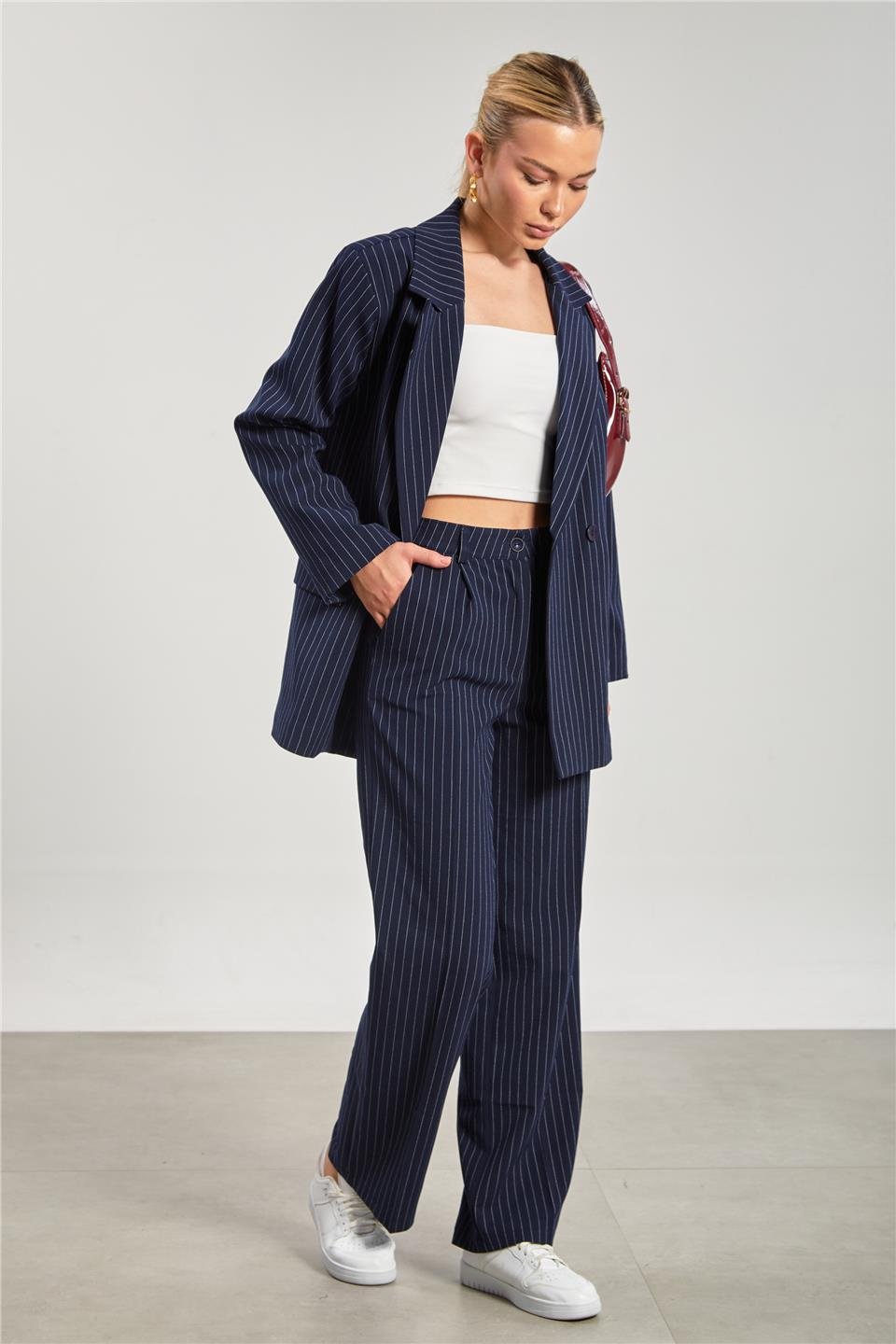 Kadın Cep Kapaklı Çizgili Blazer Ceket - Lacivert