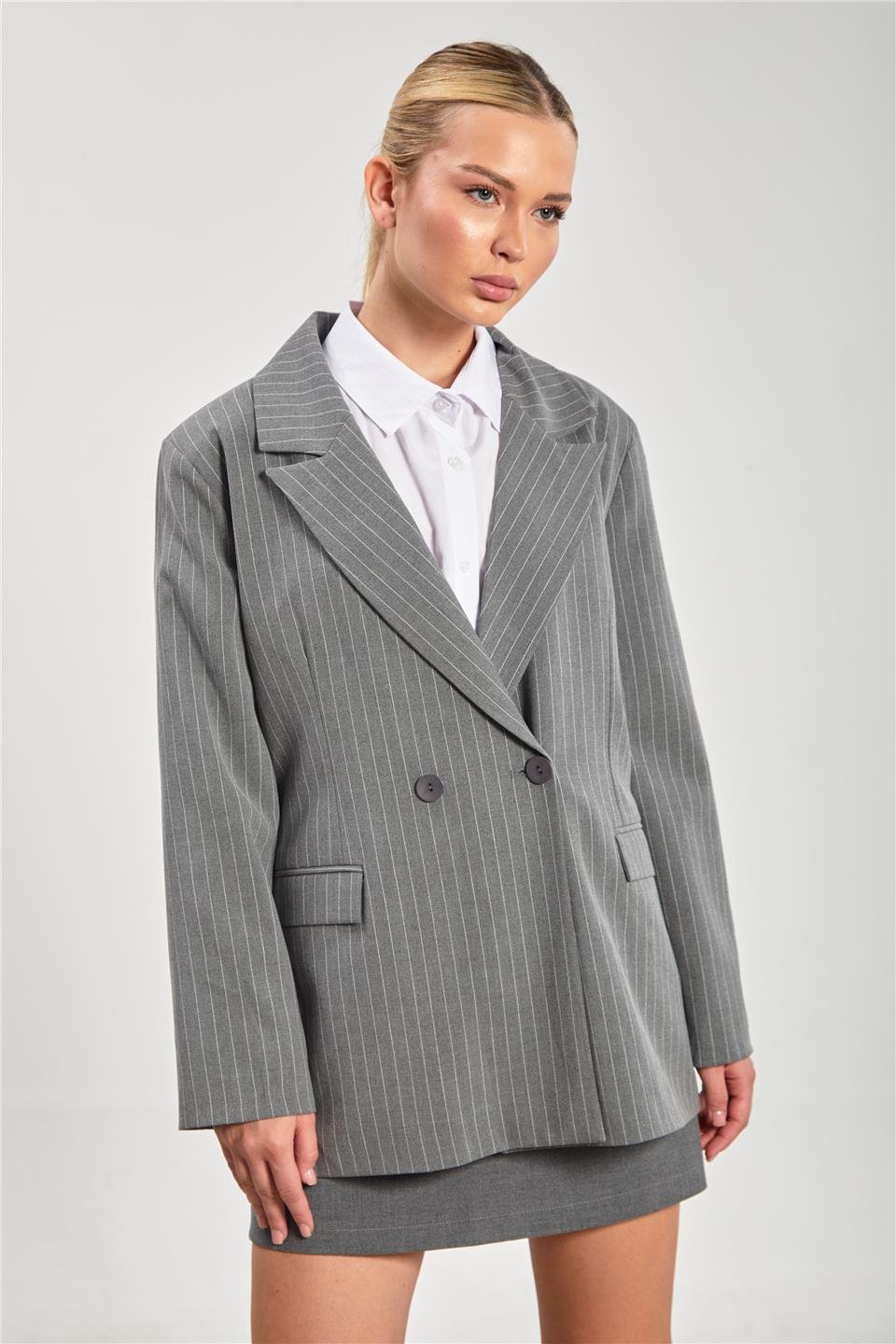 Kadın Cep Kapaklı Çizgili Blazer Ceket - Okul Gri