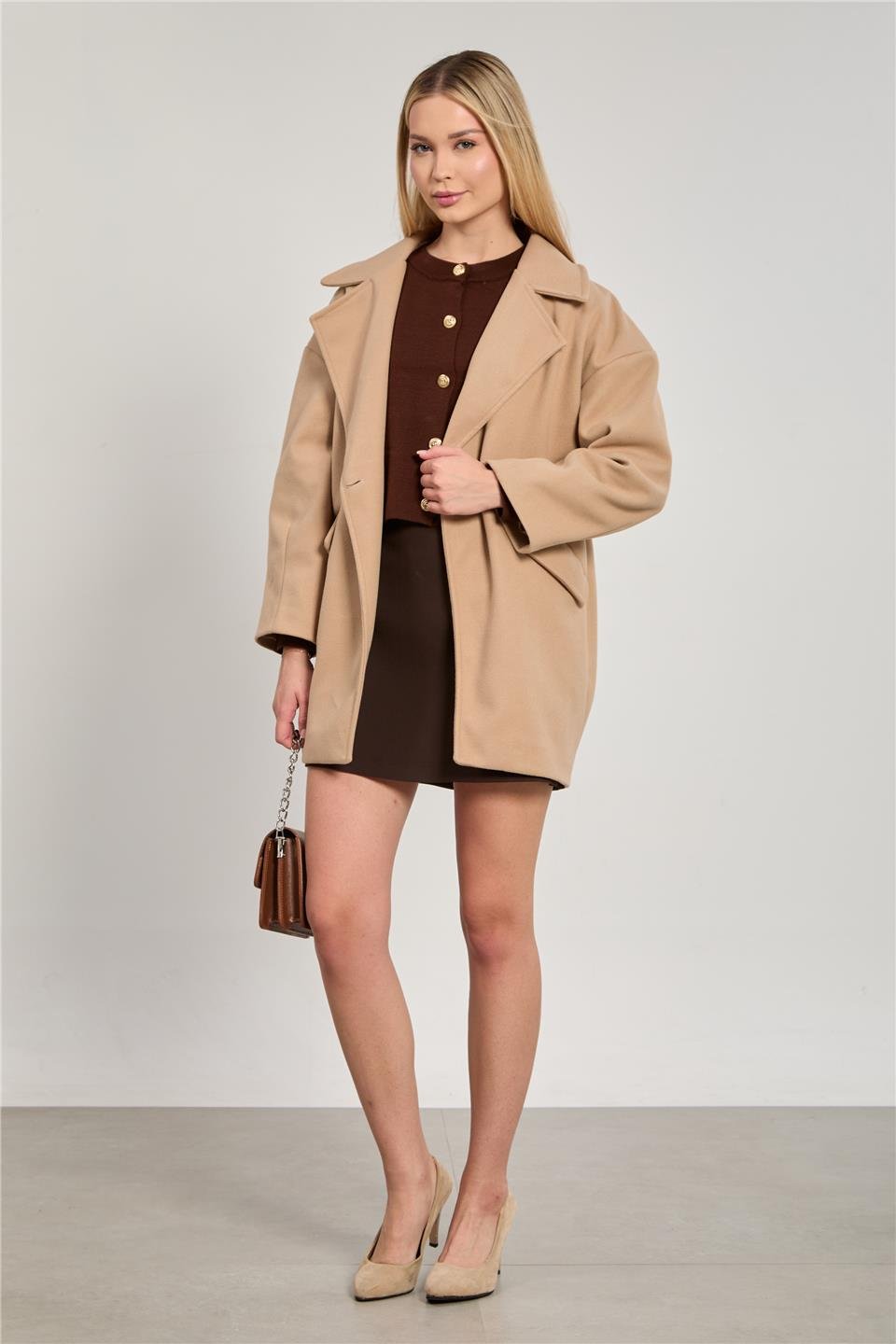 Kadın Cep Kapaklı Oversize Kaban Ceket - Vizon