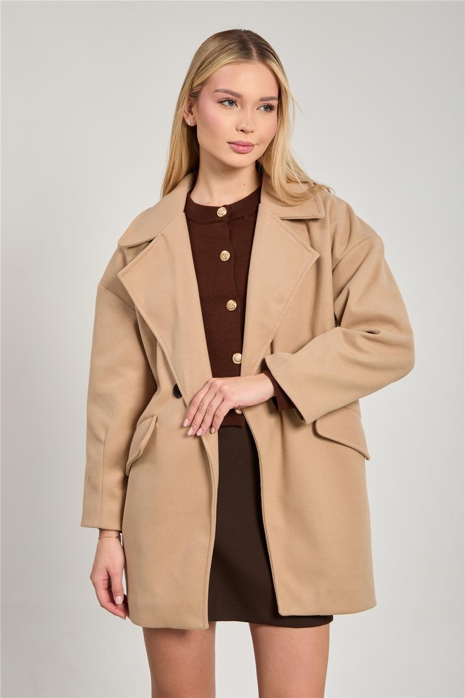 Kadın Cep Kapaklı Oversize Kaban Ceket - Vizon