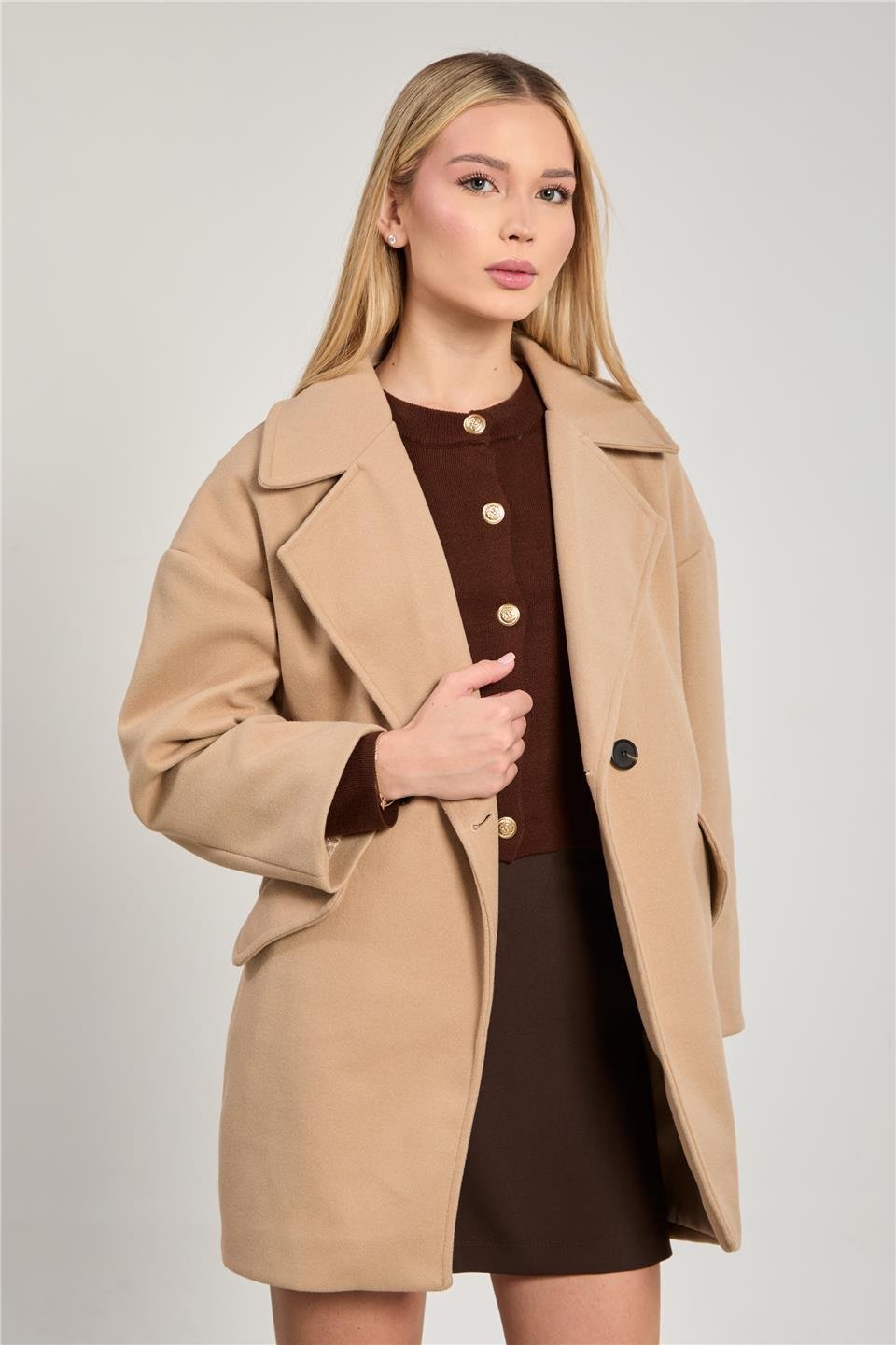 Kadın Cep Kapaklı Oversize Kaban Ceket - Vizon