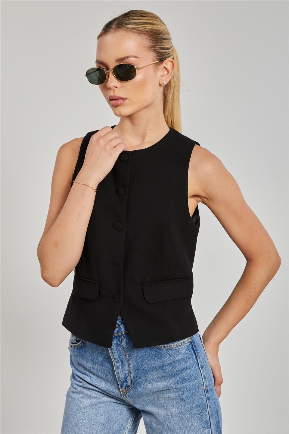 Kadın Cep Kapaklı Poliviskon Yelek - Siyah