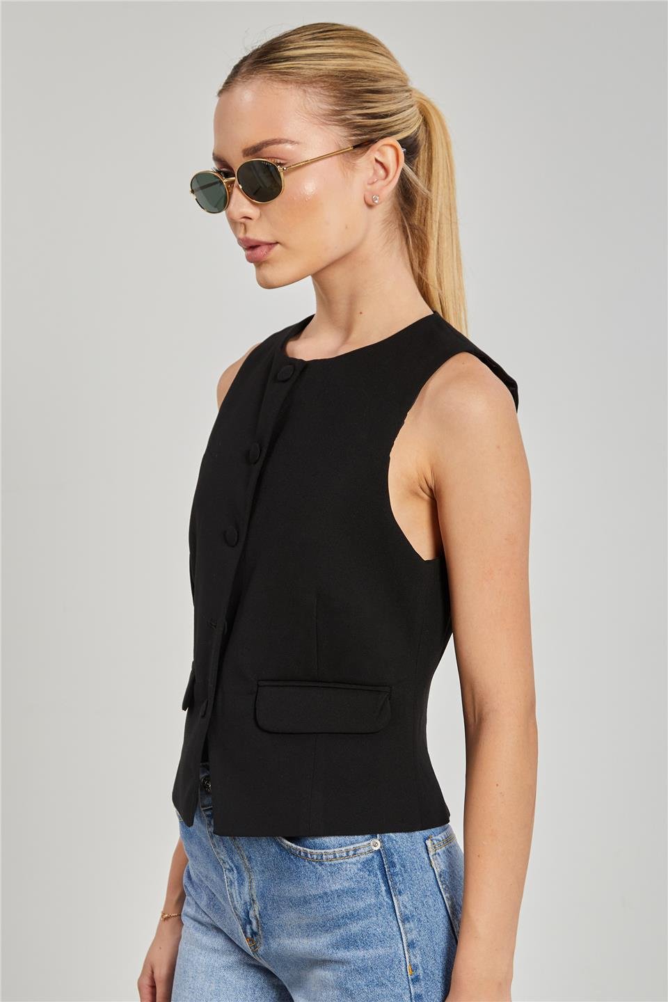 Kadın Cep Kapaklı Poliviskon Yelek - Siyah