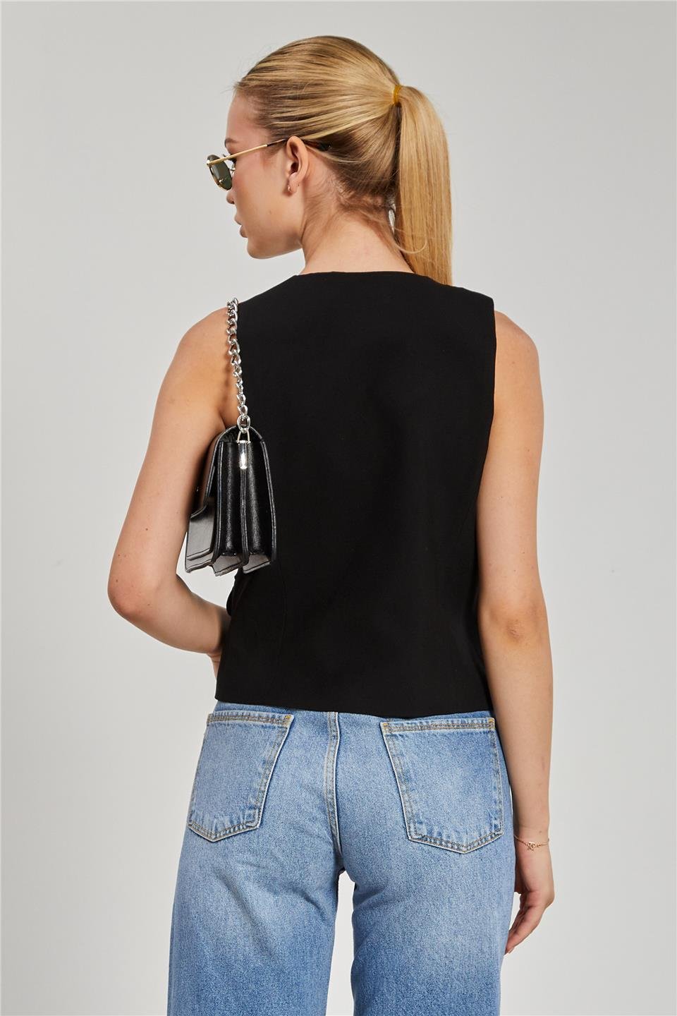 Kadın Cep Kapaklı Poliviskon Yelek - Siyah