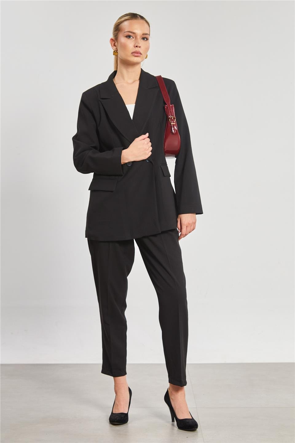 Kadın Çift Düğmeli Blazer Ceket - Siyah