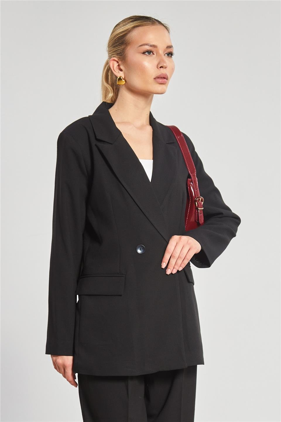 Kadın Çift Düğmeli Blazer Ceket - Siyah