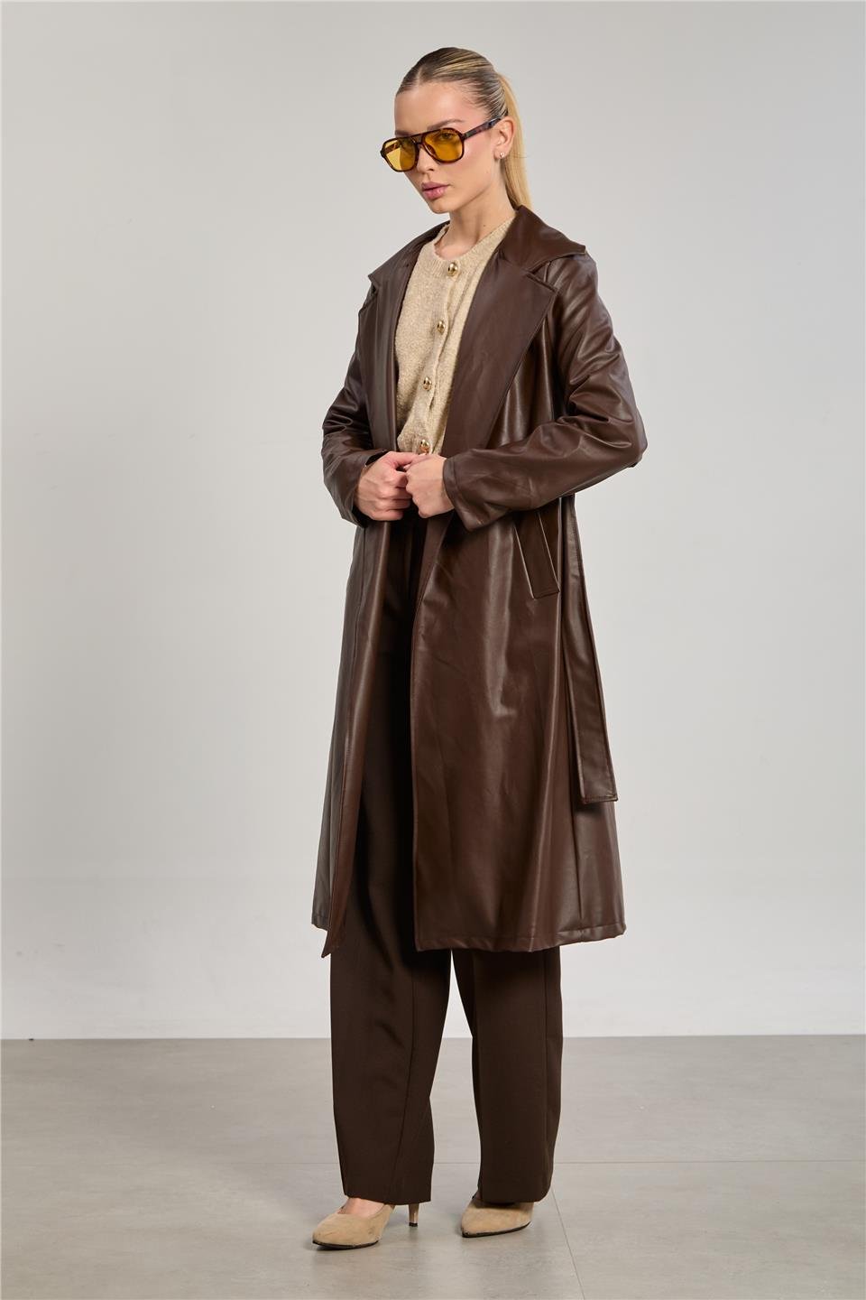 Kadın Deri Görünümlü Suni Trençkot - Acı Kahve