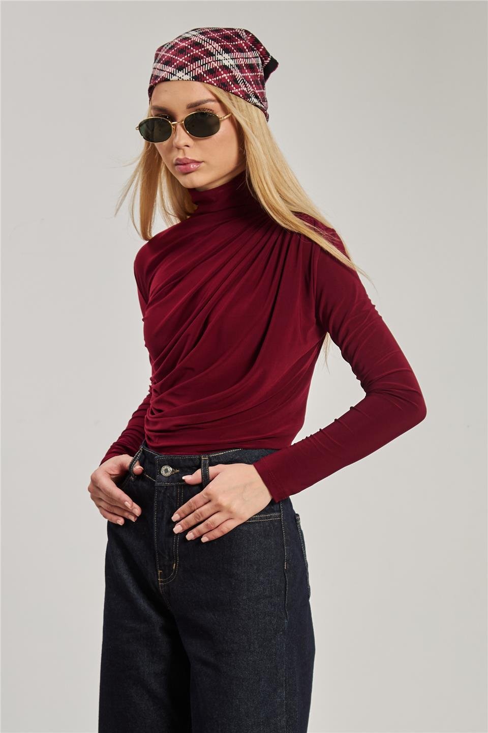 Kadın Drapeli Uzun Kollu Bluz - Bordo