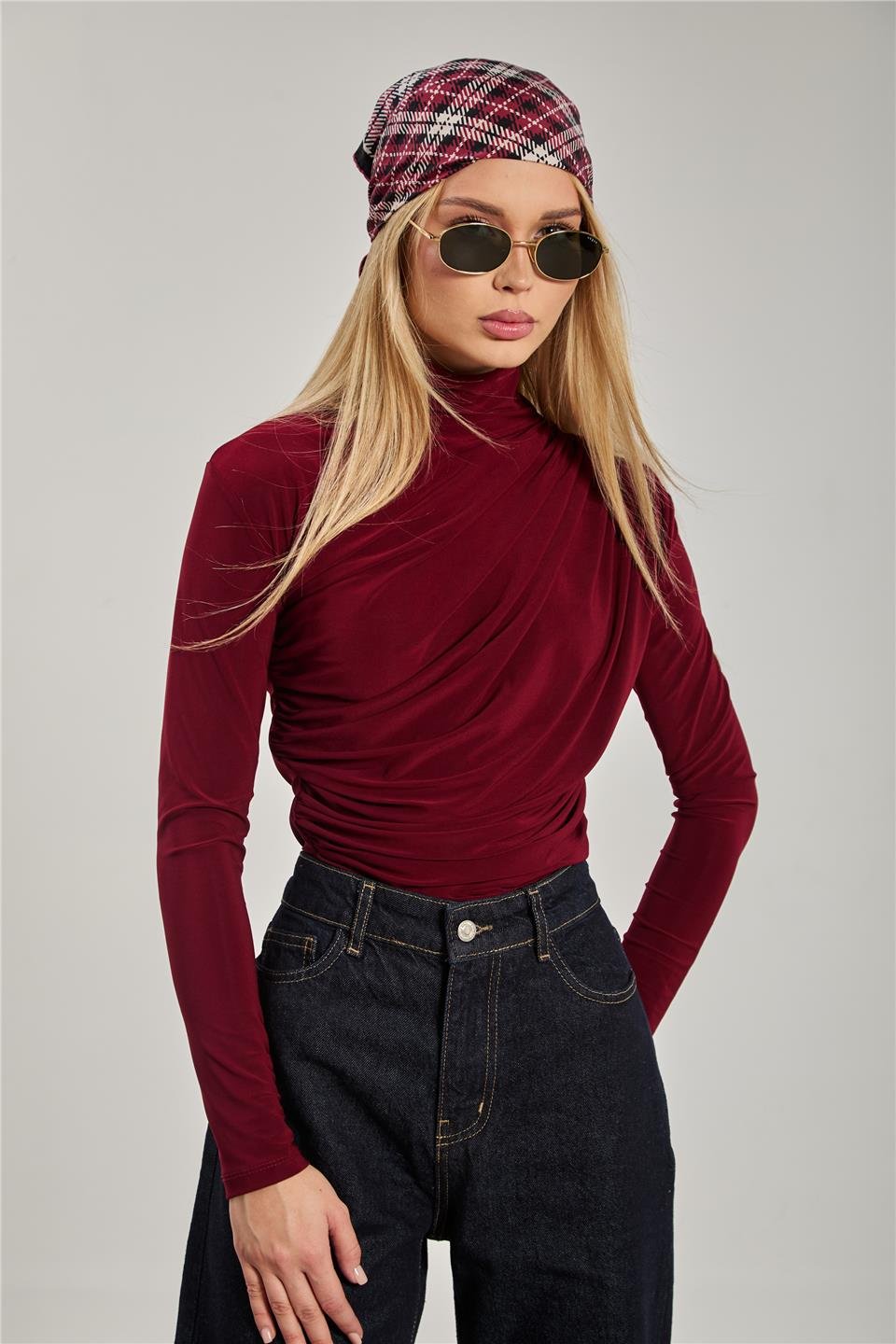 Kadın Drapeli Uzun Kollu Bluz - Bordo