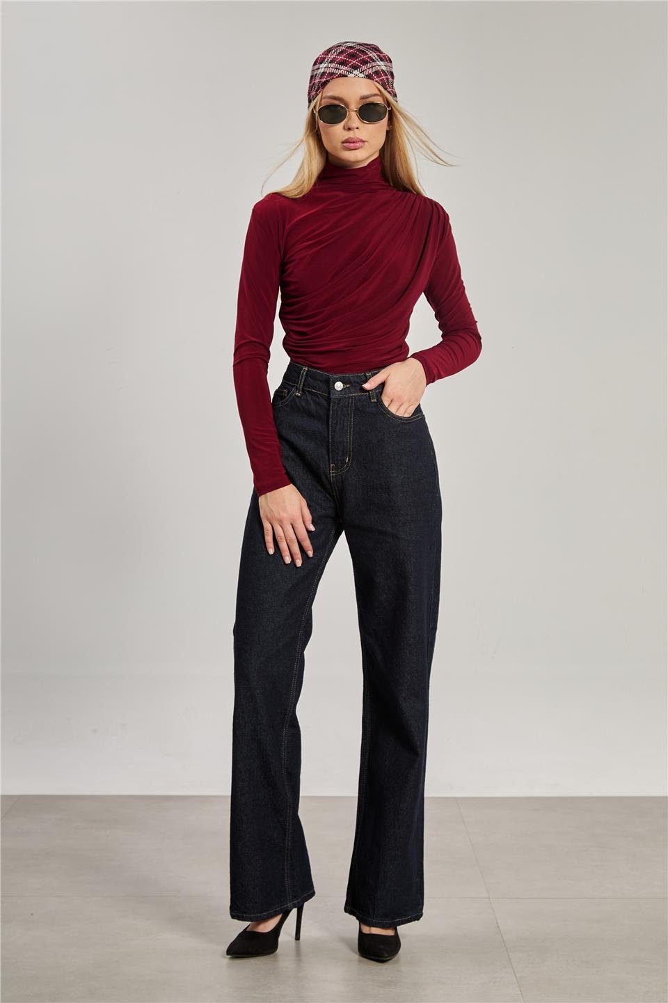 Kadın Drapeli Uzun Kollu Bluz - Bordo