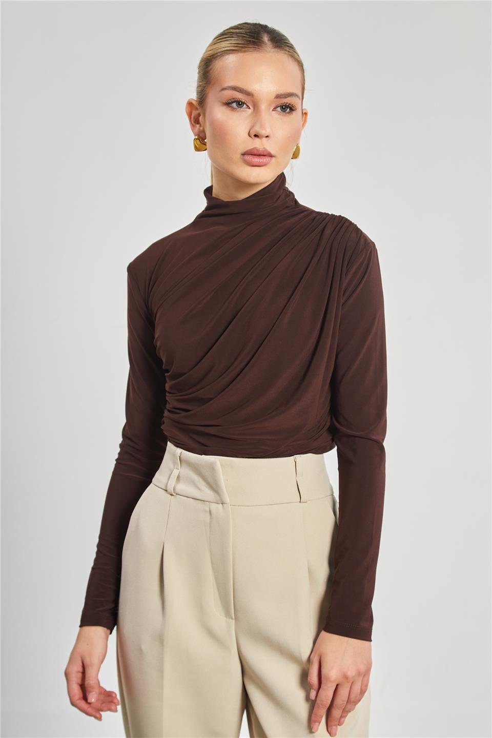 Kadın Drapeli Uzun Kollu Bluz - Kahve