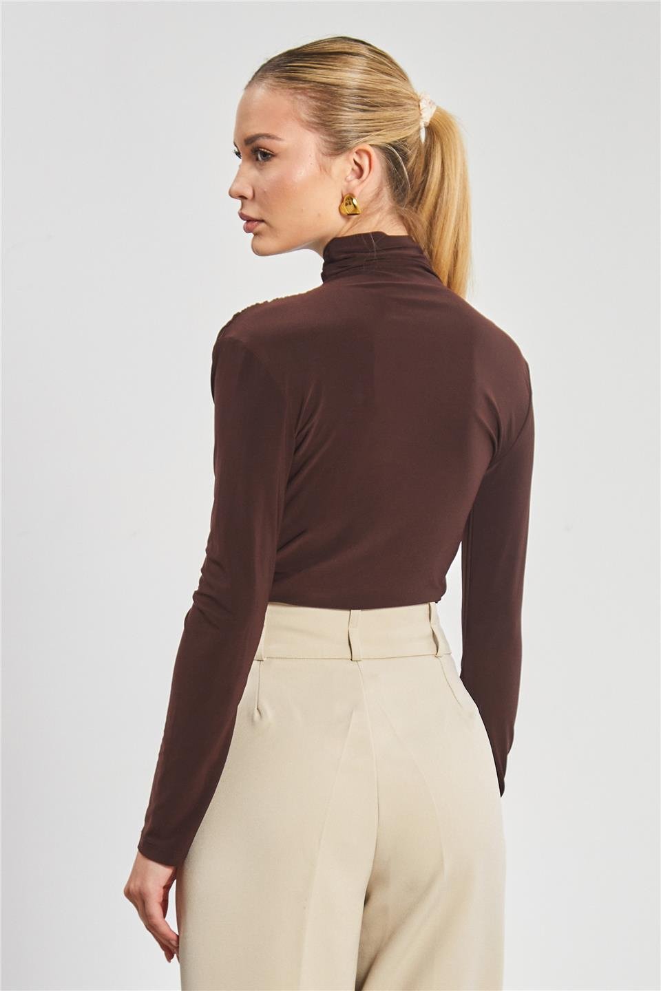 Kadın Drapeli Uzun Kollu Bluz - Kahve