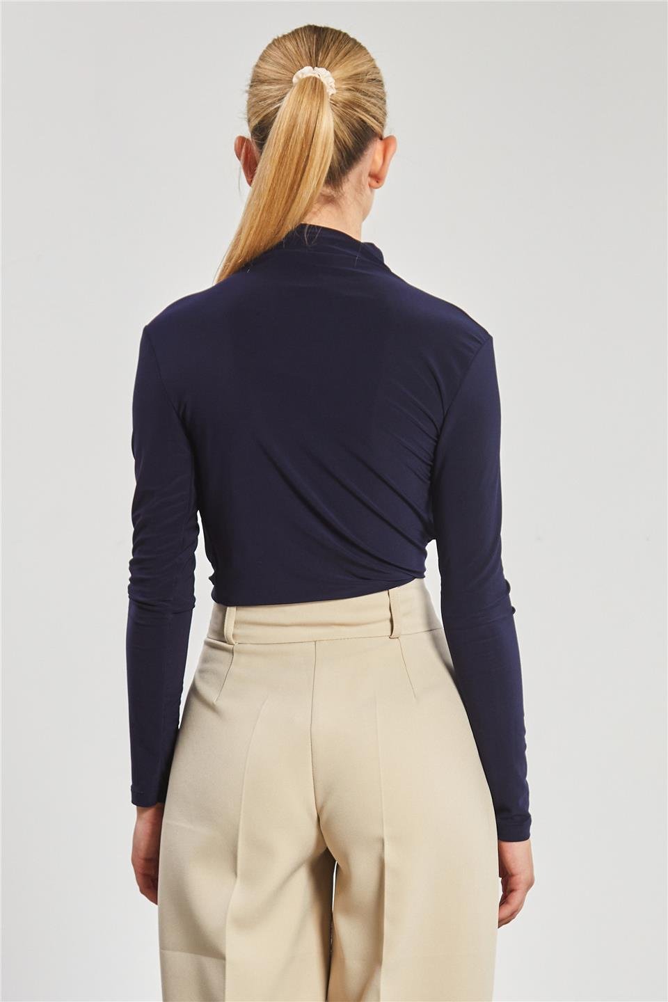 Kadın Drapeli Uzun Kollu Bluz - Lacivert